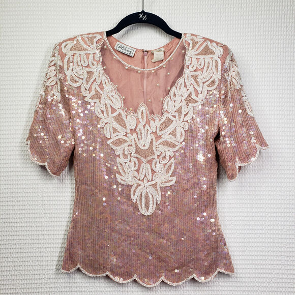 Vintage Tops - Vintage Stenay Sequin Top Womens Small Pink Beaded Silk 80s Granny Western Party